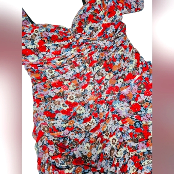 🆕️Zara Ruched Red Pink & Gold Ruched Puff Sleeve Mini Chiffon Draped Dress M - Picture 7 of 16